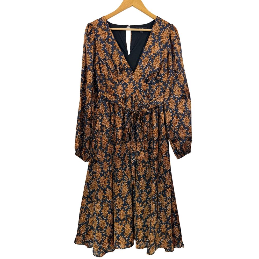 Lulus Floral Midi Dress Black Orange Print Size M NWT Balloon Sleeve Wedding - Picture 4 of 10